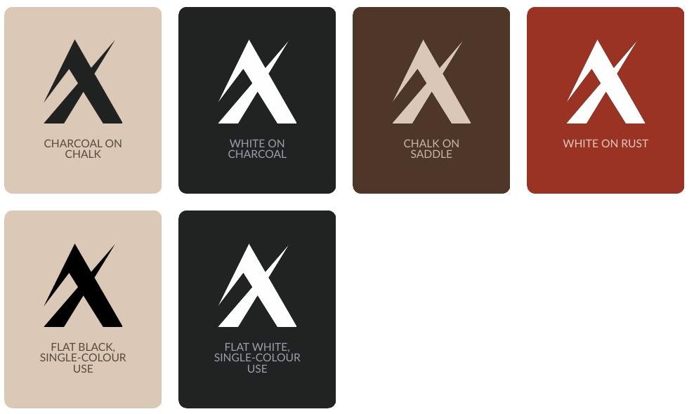 The Axis mark in six colourways: charcoal on chalk, white on charcoal, chalk on saddle, white on rust, and flat black and white