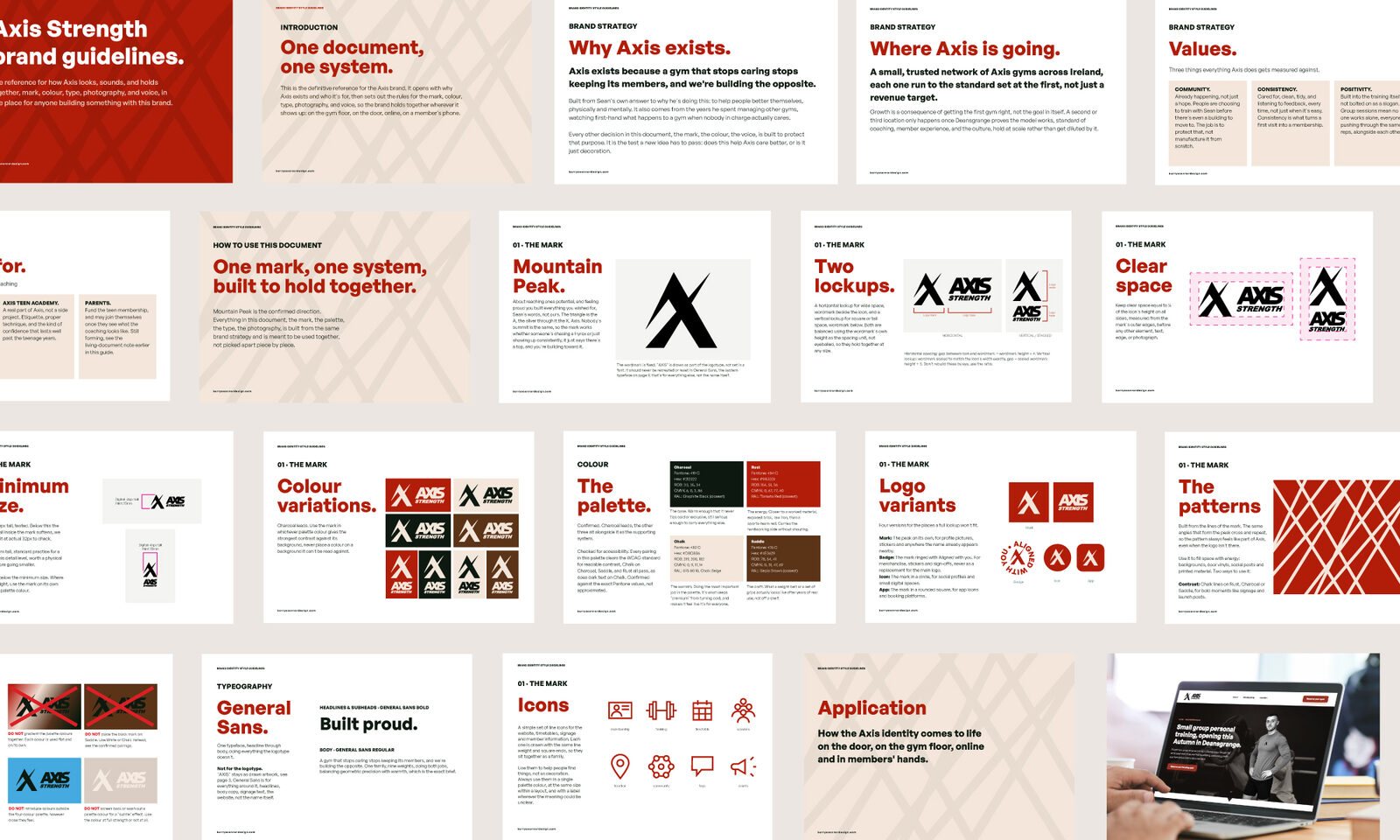 Pages from the Axis brand guidelines: strategy, the mark, colour, type and icons