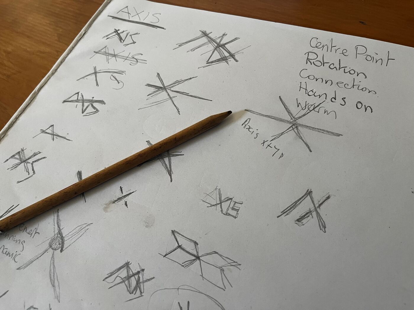Pencil sketches exploring A and X marks, with notes reading Centre point, Rotation, Connection, Hands on, Warm