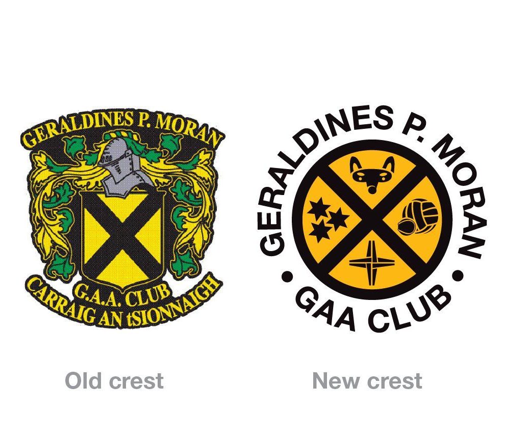 The old Geraldines P. Moran GAA Club crest beside the simplified new crest