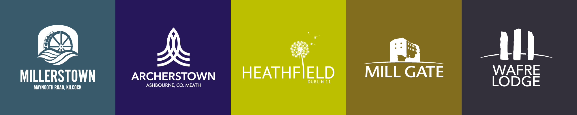 Five new homes development logos: Millerstown in Kilcock, Archerstown in Ashbourne, Heathfield in Dublin 11, Mill Gate and Wafre Lodge