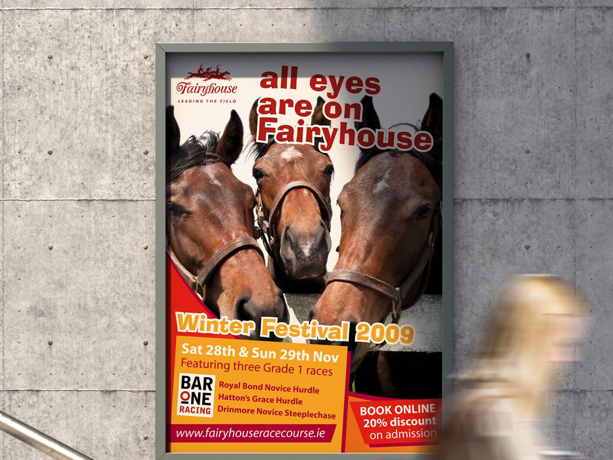 Fairyhouse Winter Festival 2009 poster, All eyes are on Fairyhouse, with three horses looking over a fence