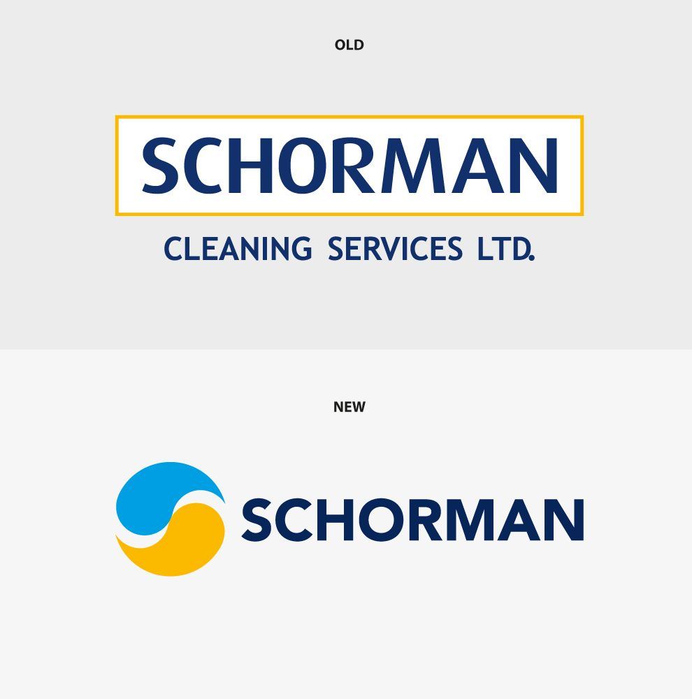 Before and after: the old boxed Schorman Cleaning Services logo above the new Schorman logo