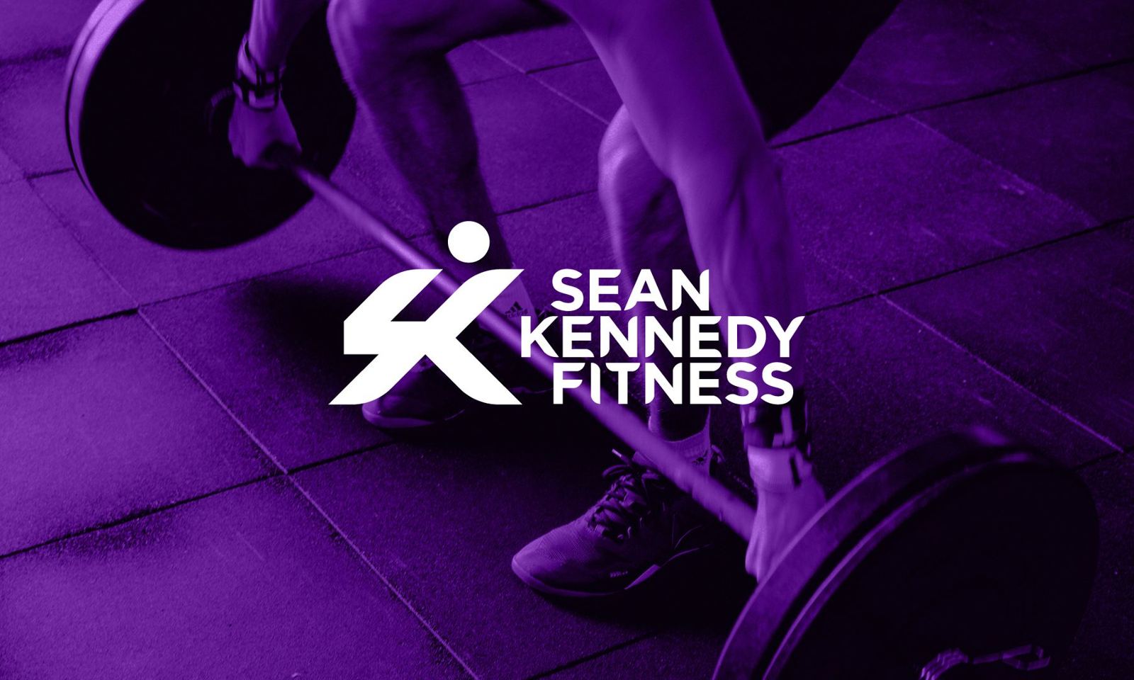 Sean Kennedy Fitness logo in white over a purple-tinted photo of a weights session