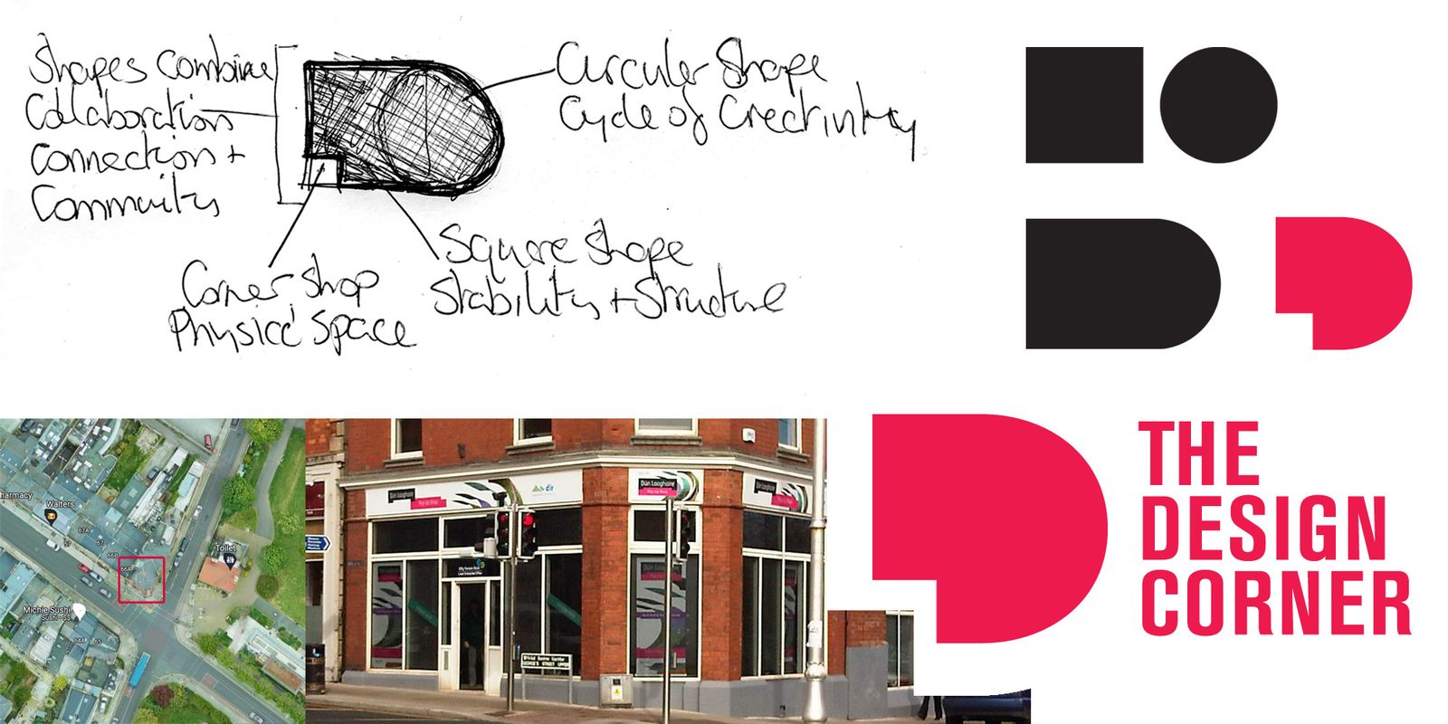 Early sketches for The Design Corner mark, built from simple shapes, beside the corner shop it was named for